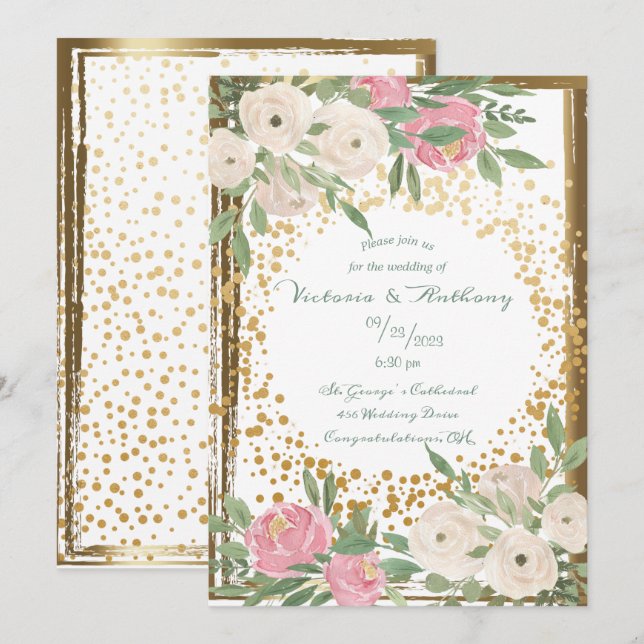 Convite Elegante Floral Rosa Branco Script Dourado Casamen (Frente/Verso)