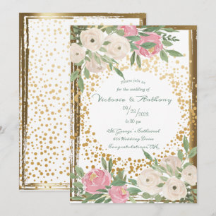 Convite Elegante Floral Rosa Branco Script Dourado Casamen