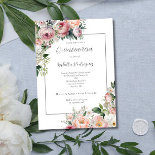 Convite Elegante Floral Rosa com Borda Prata Quinceañera