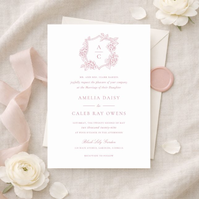 Convite Elegante Floral Rosa Crest de Hydrangea Casamento (Criador carregado)