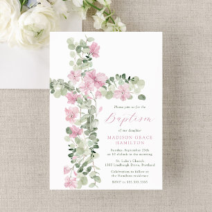 Convite Elegante Floral Rosa Cruzado Menina Batismo