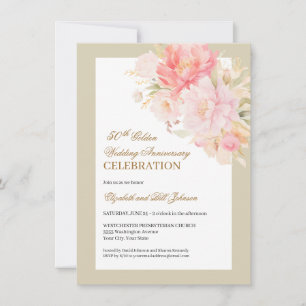 Convite Elegante Floral Rosa Dourado 50º Aniversário de Ca
