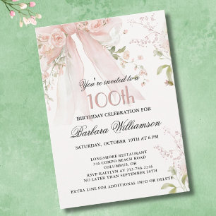 Convite Elegante Floral Rosa em Aquarela para 100º Anivers