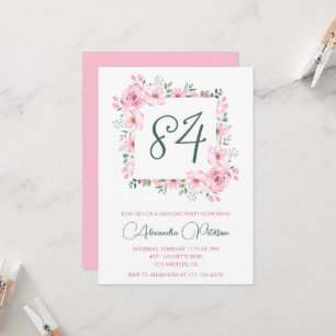 Convite Elegante Floral Rosa em Aquarela para 84º aniversá
