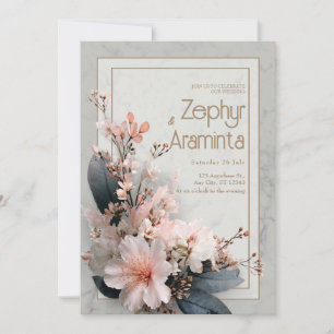Convite Elegante Floral Rosa Folha Escura Mármore Casament