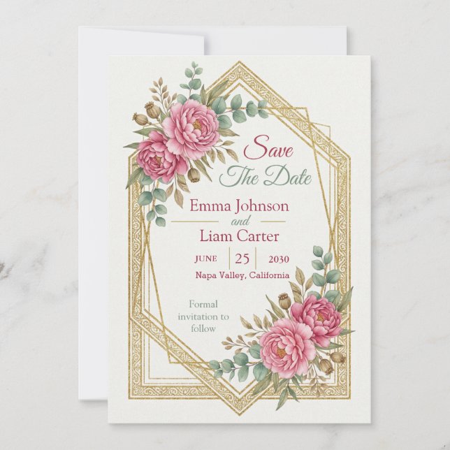 Convite Elegante Floral Rosa Save the Date (Frente)