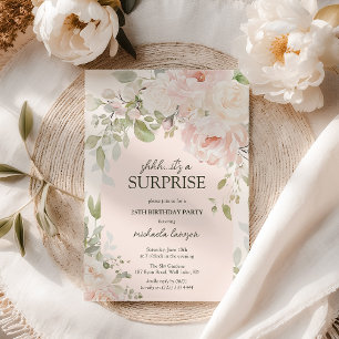 Convite Elegante Floral Rosa Shhh..É um Aniversário Surpre