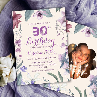 Convite Elegante Floral Roxo Aniversário de 30 Anos