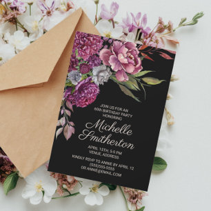 Convite Elegante Floral Roxo Aniversário de 60 Anos Femini