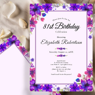 Convite Elegante Floral Roxo Aniversário de 81 anos