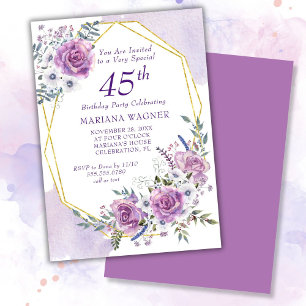 Convite Elegante Floral Roxo Aquarela para 45º Aniversário