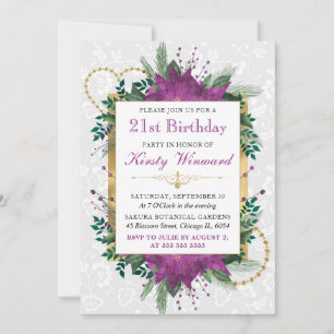 Convite Elegante Floral Roxo e Dourado para 21º Aniversári