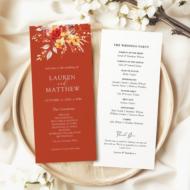 Convite Elegante Floral Rust Orange Casamento outono (Elegant boho rust orange floral fall wedding program)