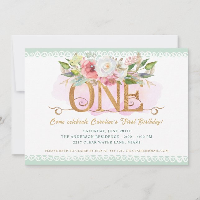 Convite Elegante Floral Sage Green Party (Frente)