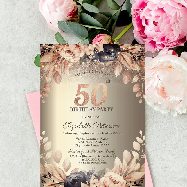 Convite Elegante Floral, String Luzes 50º Aniversário (Criador carregado)