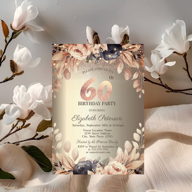 Convite Elegante Floral, String Luzes 60º Aniversário (Criador carregado)