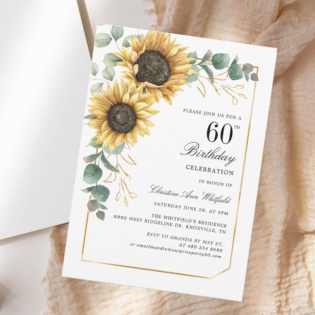 Convite Elegante Floral Sunflower 60th Festa de aniversári (Elegant Floral Sunflower 60th Birthday Party Invitation)