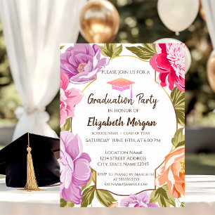 Convite Elegante Floral, Tampa de Graduação Brilhante