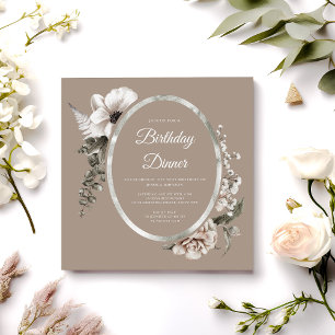 Convite Elegante Floral Taupe Beige Birthday - Partido Jan