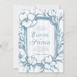 Convite Elegante Floral Toile Vintage com Listras Azuis Ca