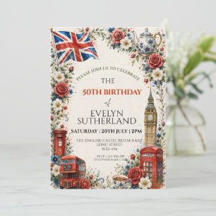 Convite Elegante Floral Union Jack Bandeira Inglesa Vintag