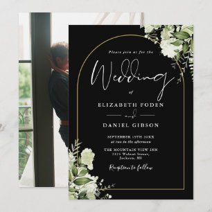Convite Elegante Floral Verde Dourado Arco Foto Casamento