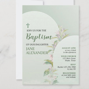 Convite Elegante Floral Verde Pastel Batismo