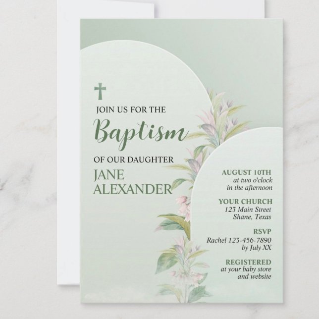 Convite Elegante Floral Verde Pastel Batismo (Criador carregado)