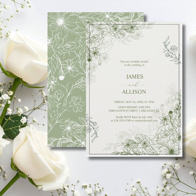 Convite Elegante Floral Verde Sábio (Criador carregado)