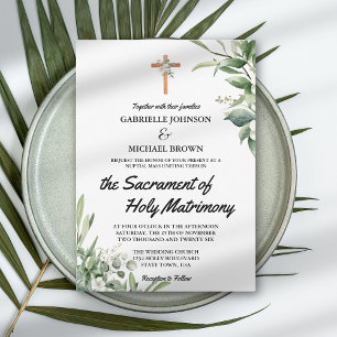 Convite Elegante Floral Verde Suave Nupcial Missa Branco