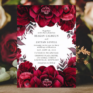 Convite Elegante Floral Vermelho Carmesim Profundo Românti