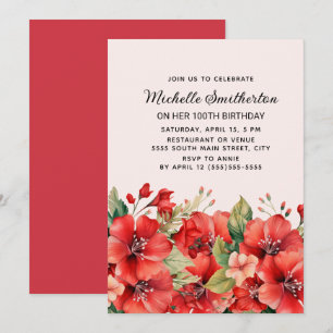 Convite Elegante Floral Vermelho Rosa Aniversário de 100 a