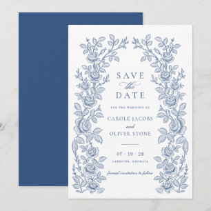 Convite Elegante Floral Vintage Azul Salve a Data