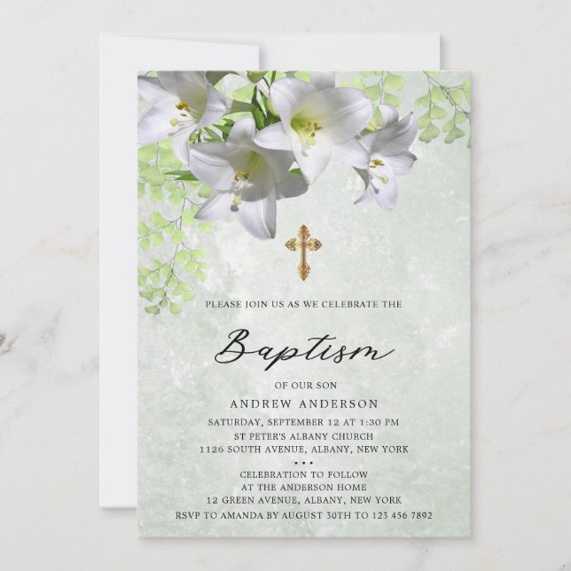Convite Elegante Floral Vintage Baptism (Frente)