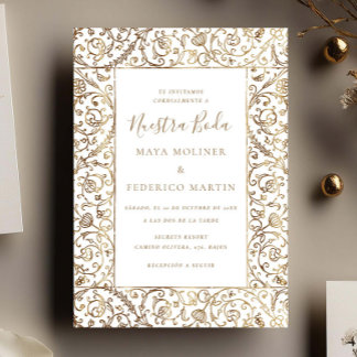 Convite Elegante Floral Vintage Dourado Nosso Casamento Ca
