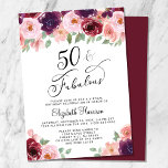 Convite Elegante Floral Virtual 50th Festa de aniversário<br><div class="desc">Convite de aniversário virtual 50º com "50 & Fabuloso" em um roteiro elegante e buquês de aquarelas de florais vermelho,  rosa e roxo burgundy.</div>