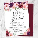 Convite Elegante Floral Virtual 60th Festa de aniversário<br><div class="desc">Convite de aniversário 60º virtual com "60 & Fabuloso" em um roteiro elegante de caligrafia e buquês de aquarelas de florais vermelho,  rosa e roxo enturrados.</div>