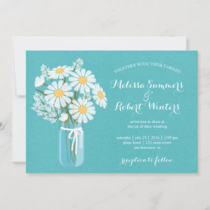 Convite Elegante Floral White Daisies Mason Jar Wedding