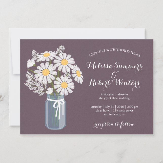 Convite Elegante Floral White Daisies Mason Jar Wedding (Frente)
