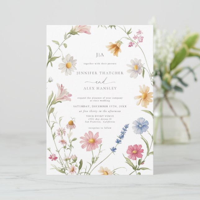 Convite Elegante Floral Wreath | Casamento Rsvp De Código  (Em pé/Frente)