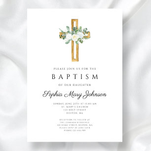 Convite Elegante Floral Wreath Cross Baptism 