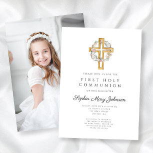 Convite Elegante Floral Wreath Cross First Communion Foto