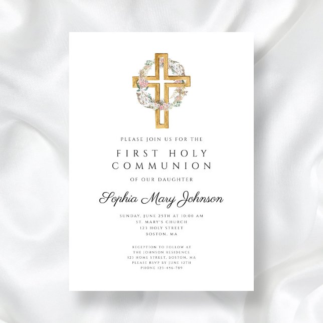 Convite Elegante Floral Wreath Cross Girl Primeira Comunhã (Elegant Floral Wreath Cross Girl First Communion Invitation)