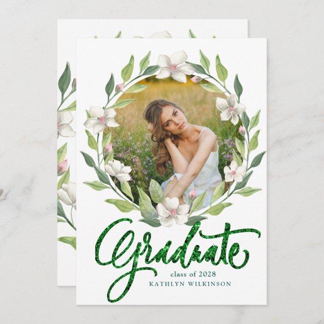 Convite Elegante Floral Wreath Greenery Graduação Moderna (Frente/Verso)