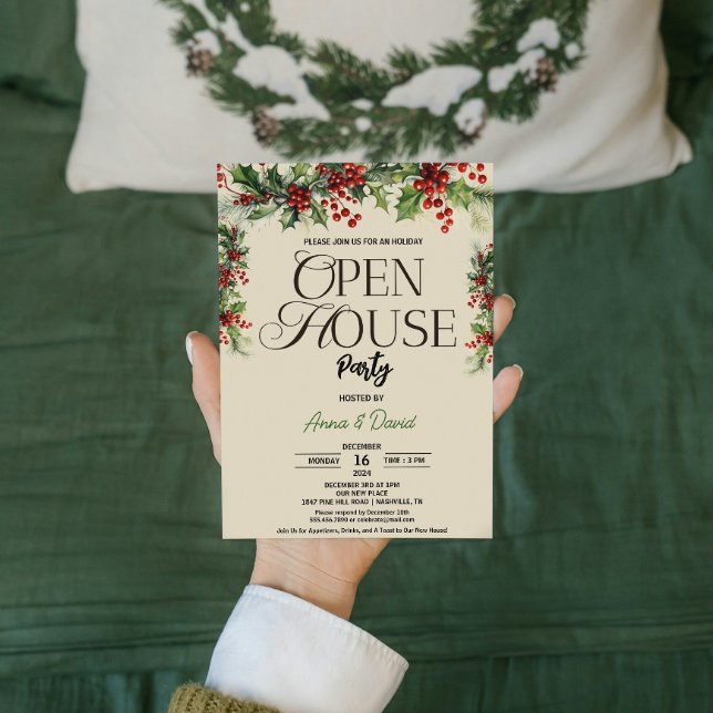Convite Elegante Floral Xmas Holly Christmas Open House (Elegant Floral Xmas Holly Christmas Open House Invitation flowers Families & Couples hosting )