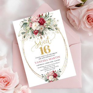 Convite Elegante Flores em Tons de Borgonha e Dourado para