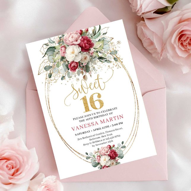 Convite Elegante Flores em Tons de Borgonha e Dourado para (Elegant Burgundy Blush Gold Floral Sweet Sixteen Invite)