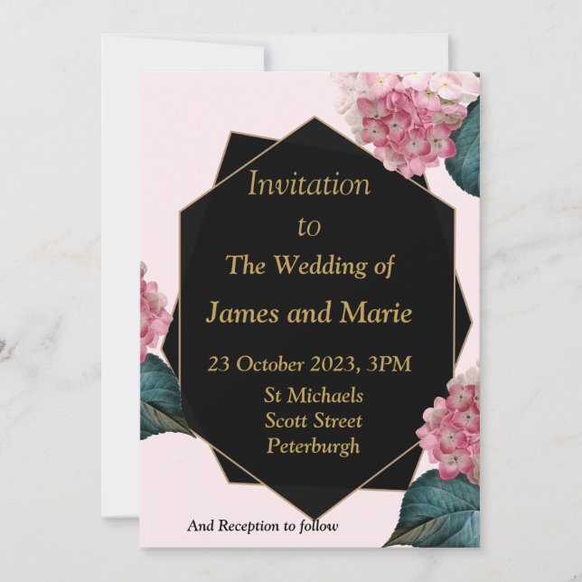 Convite Elegante, flores rosa, preto (Frente)