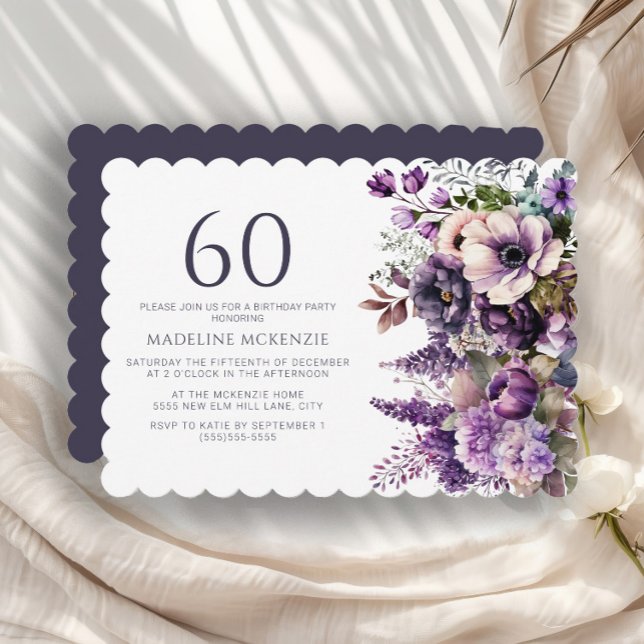 Convite Elegante Flores Roxas Adulto 60º Aniversário (Purple and pink watercolor floral 60th birthday party invitation)