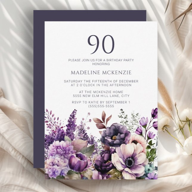 Convite Elegante Flores Roxas Adulto 90 Aniversário (Purple and pink floral 90th birthday party invitation)